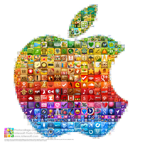 Mosaikcollage aus Symbolen und Logos des Programms AppStore (Demonstration der Programmfunktionen). 