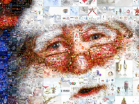 Коллаж "Дед мороз" из ёлочных украшений, подарков и других картинок новогодней тематики