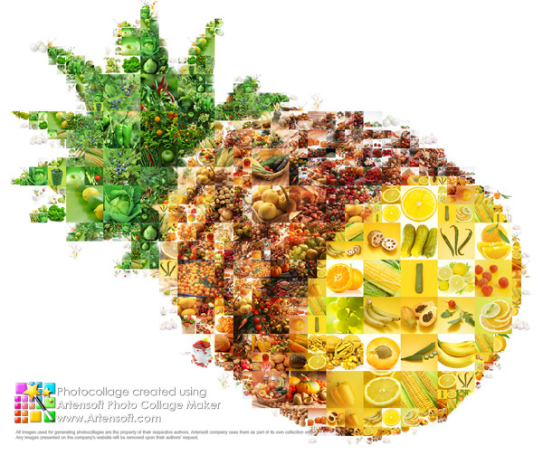 Leuchtende und satte Collage "Obst- und Gemüse" in Form einer Ananas. 