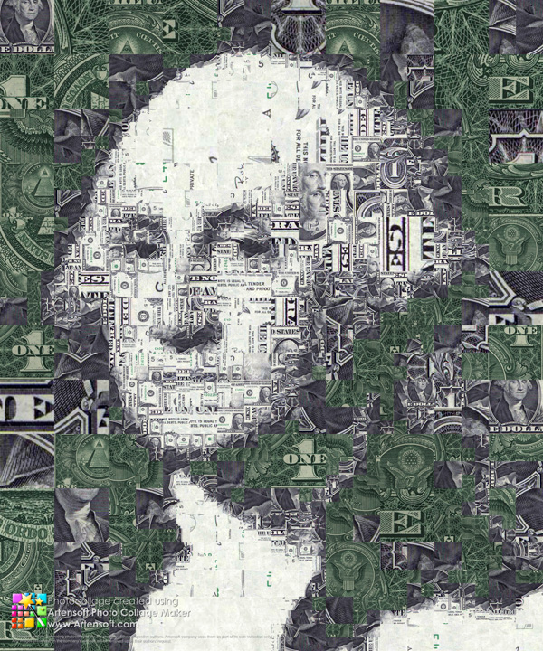 Portrait of the first U.S. President George Washington composed of one dollar bill fragments