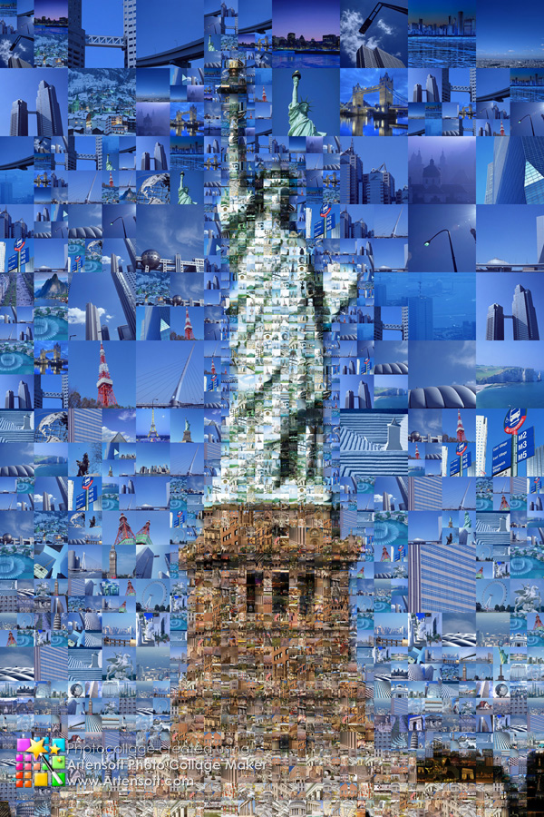 Sehenswürdigkeiten aus aller Welt auf der Fotocollage "Freiheitsstatue". 